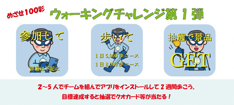 めざせ100彩ウォーキングチャレンジ第1弾　参加して　詳細は下記に　歩いて　1日5000歩コース1日8000歩コース　抽選で景品GET　2〜5人でチームを組んでアプリをインストールして2週間歩こう。目標達成すると抽選でクオカード等が当たる！