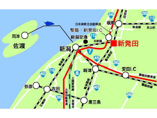 新発田市への交通アクセス地図