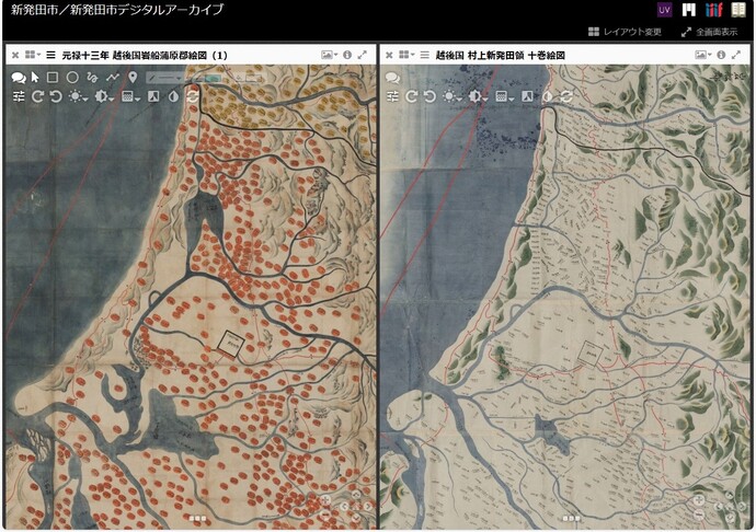 左　元禄13（1700）年越後岩船蒲原郡画図　　右　天保8（1837）年越後村上新発田領絵図