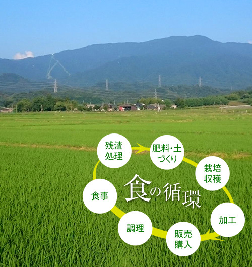 写真:食の循環 肥料づくり・土づくり、栽培・収穫、加工、販売・購入、調理、食事、残渣処理